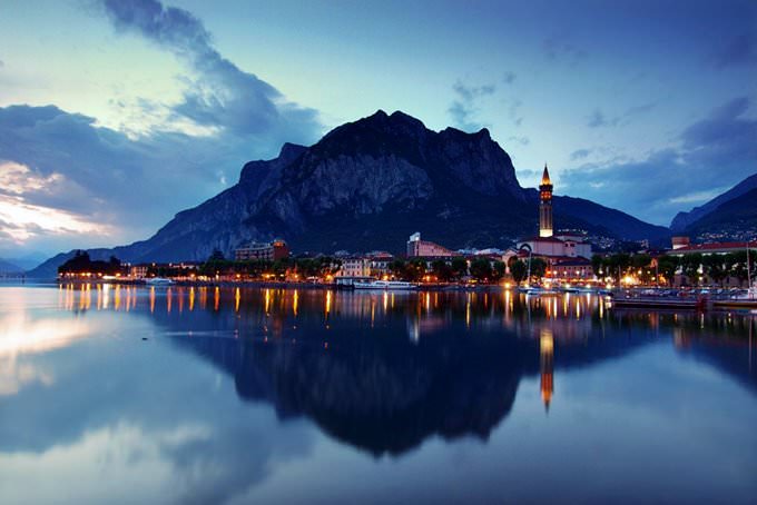 Lecco town after sunset, Lombardy Lecco town after sunset, Lombardy