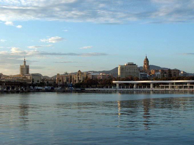 Malaga harbor with the cathedral in back Malaga harbor with the cathedral in back