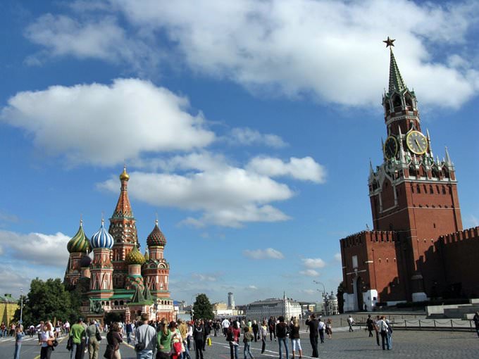 Moscow - St Basils Cathedral and Spasskaya Tower viewed from Red Square Moscow - St Basils Cathedral and Spasskaya Tower viewed from Red Square